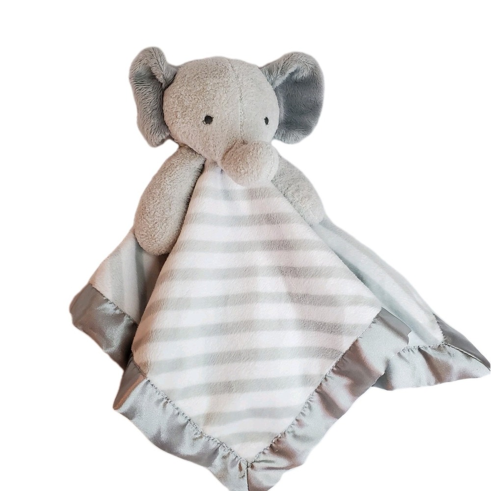 CLOUD ISLAND Elephant Gray White Striped w Satin Baby Security Blanket Lovey Toy